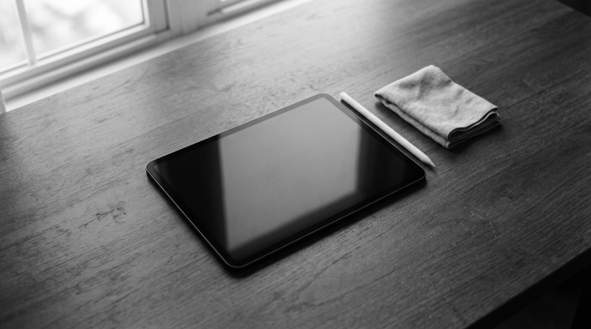 机に置かれたタブレット端末とスタイラスペン