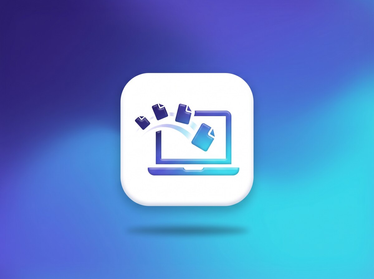紙の書類のアイコンがノートパソコンの画面に取り込まれていくイラスト